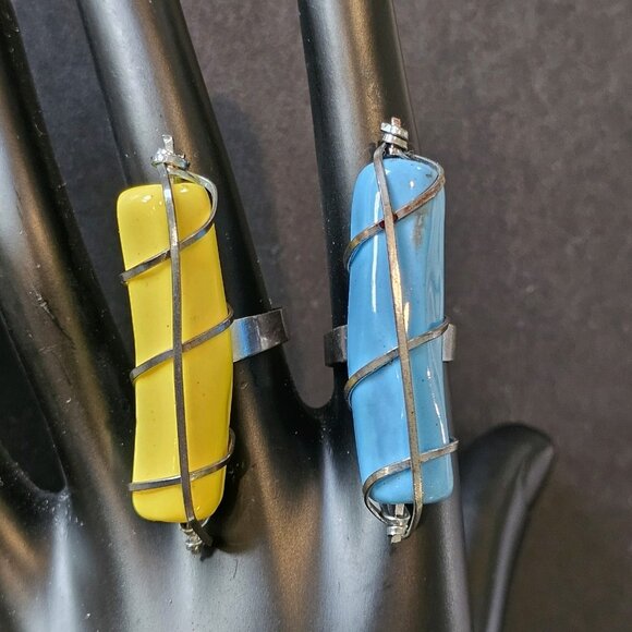 Southwest Turquoise Serpentine Rings Wire Wrapped Adjustable Ceramic Handmade - Picture 1 of 14